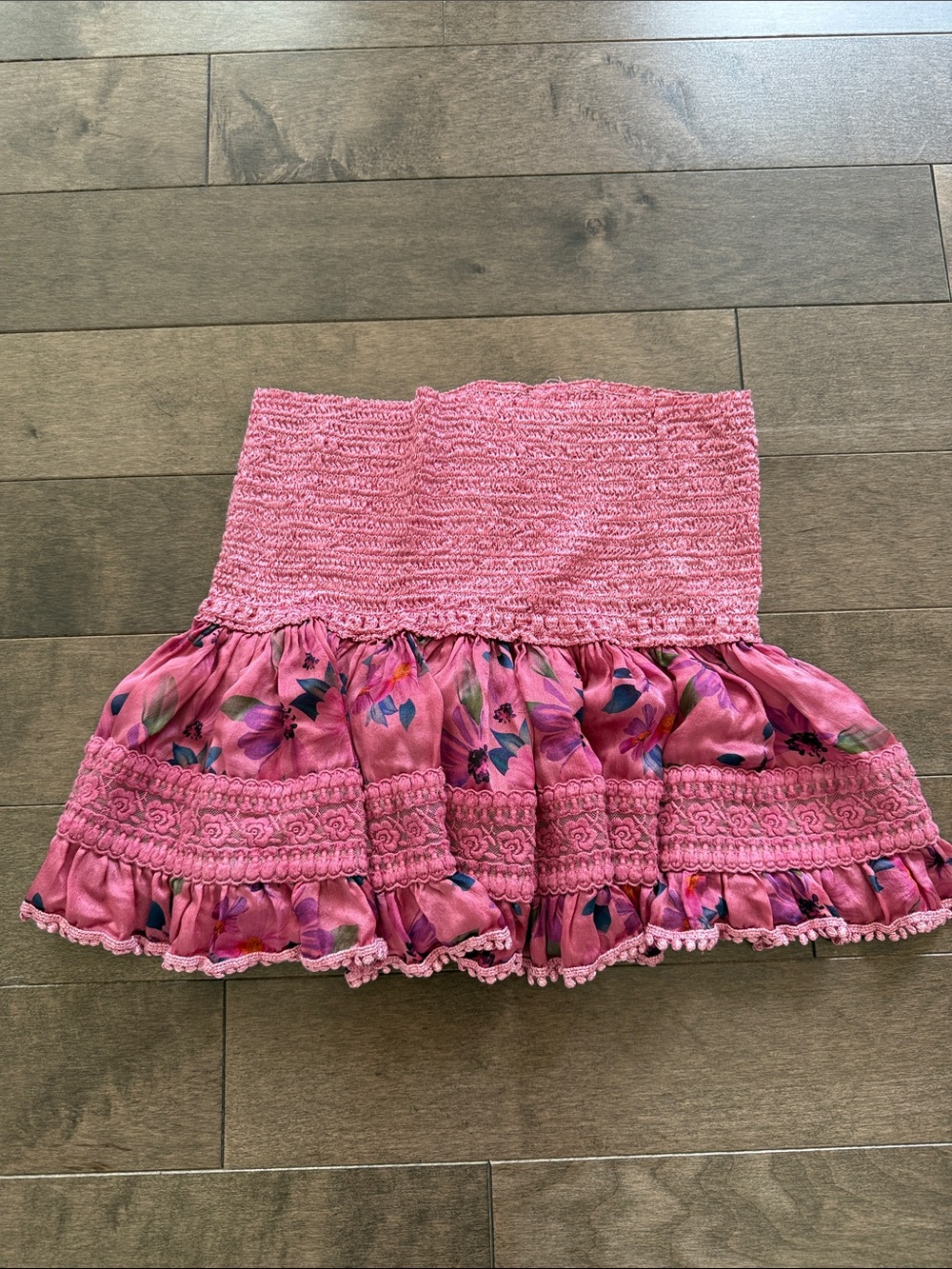 Smocked Pink Floral Mini Skirt with Tiered Ruffle Hem